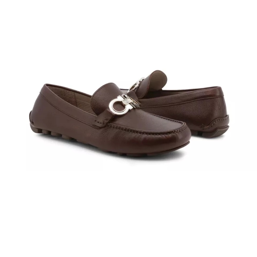 Ladies Salvatore Ferragamo Brown Leather Flats with Silver Horsebit
